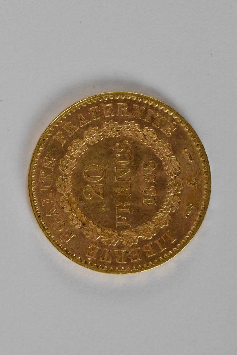 An 1893 French twenty francs gold coin, diameter 2cm, approx 6.5g. - Image 2 of 2