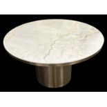 A modern white marble topped gilt metal mounted circular dining table on gilt metal drum base,
