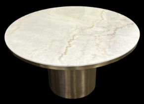 A modern white marble topped gilt metal mounted circular dining table on gilt metal drum base,