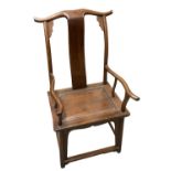 A large Chinese hardwood yoke back elbow chair, height 117cm.