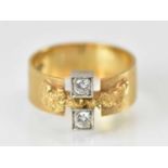 An 18ct yellow gold Finnish ring set with two small white stones, size N, approx 6.2g.