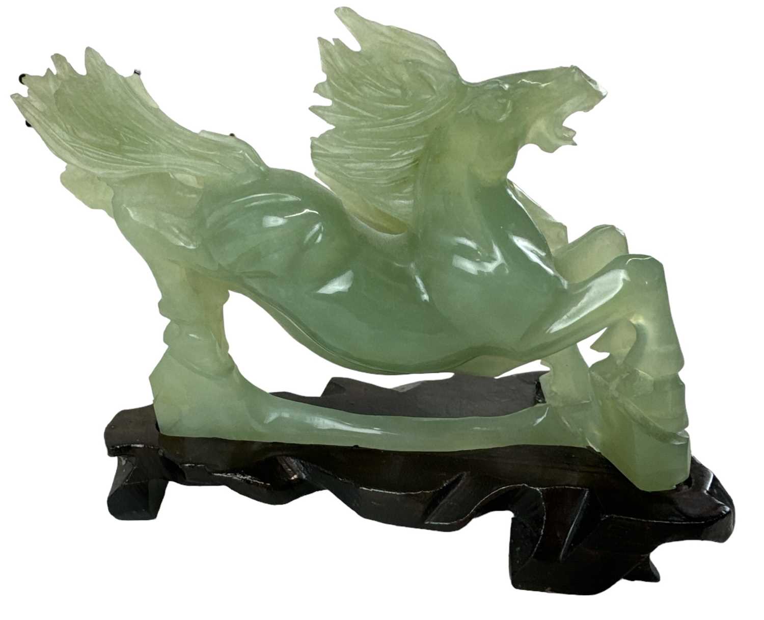 A modern Chinese green carved hardstone of two prancing horses, on carved hardwood base, height - Image 2 of 2