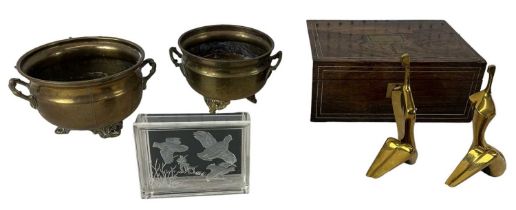 A 19th century rosewood box with hinged lid, 28 x 20cm, a pair of heavy brass paperweights