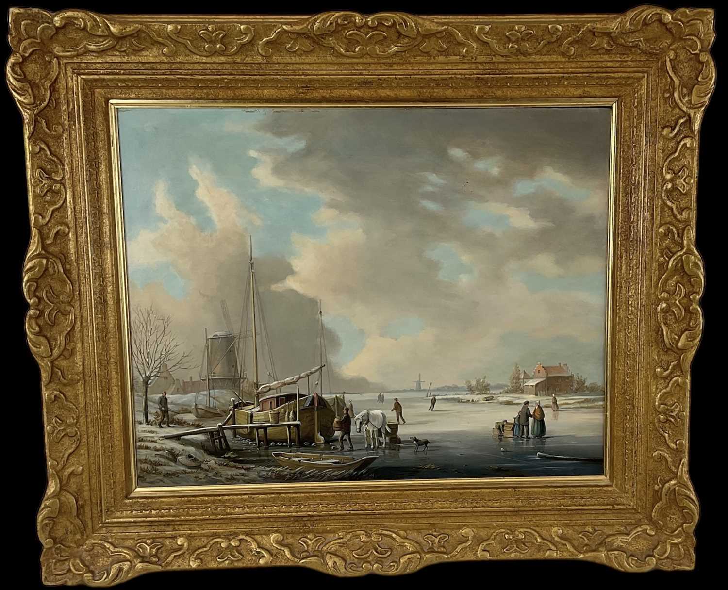VAN DER MEULEN; oil on board, frozen winter landscape, signed lower left, 39 x 49cm, gilt framed.