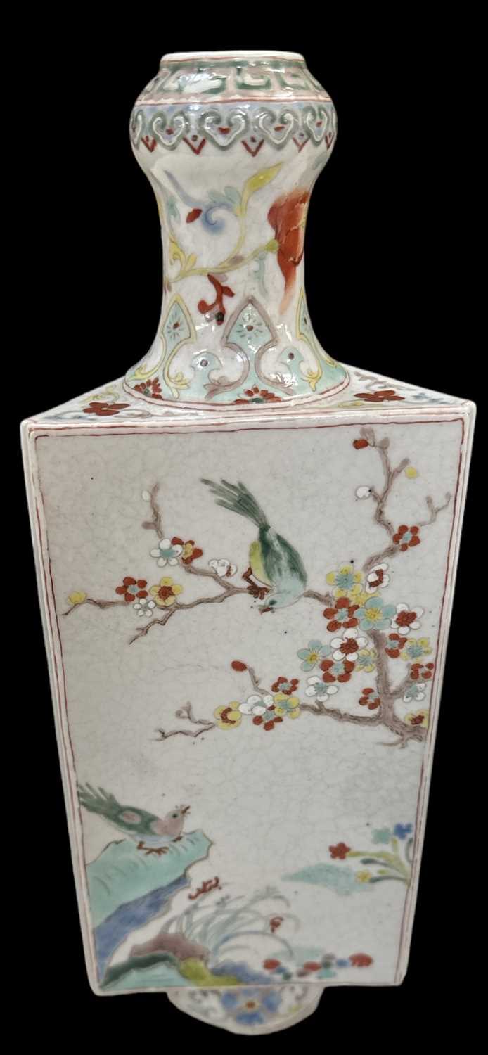 An early 20th century Chinese triangular form vase decorated with birds and flowers amongst trees, - Image 3 of 3