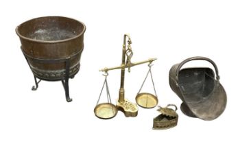 A large cast iron framed copper bucket, diameter 43cm, height 48cm, a copper coal scuttle, a pair of