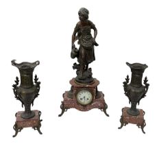 A 19th century pink marble and gilt metal mounted spelter figural mantel clock, 'A La Fontaine',