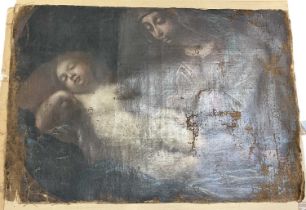 A probably 18th century oil on canvas, mother praying by child's side, in need of complete