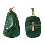 A 14ct yellow gold mounted malachite pendant and a yellow metal mounted malachite pendant (2).