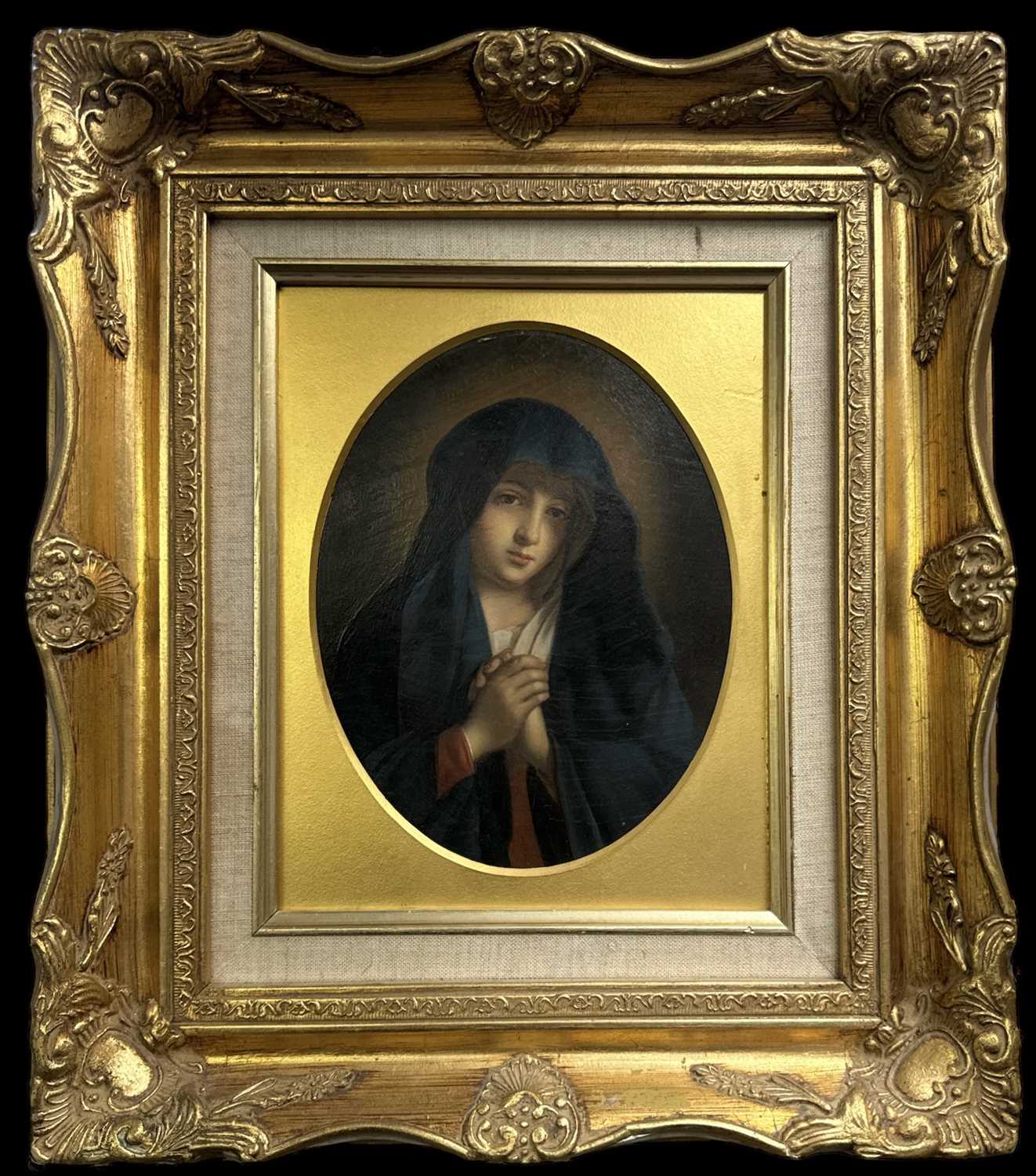 A 19th century Italian oval oil on board, 'Madonna in Prayer', inscribed and dated 1882 verso, 21