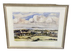 † TOM NISBET (1909-2001); watercolour, rural scene, cows in a field with the sea in the