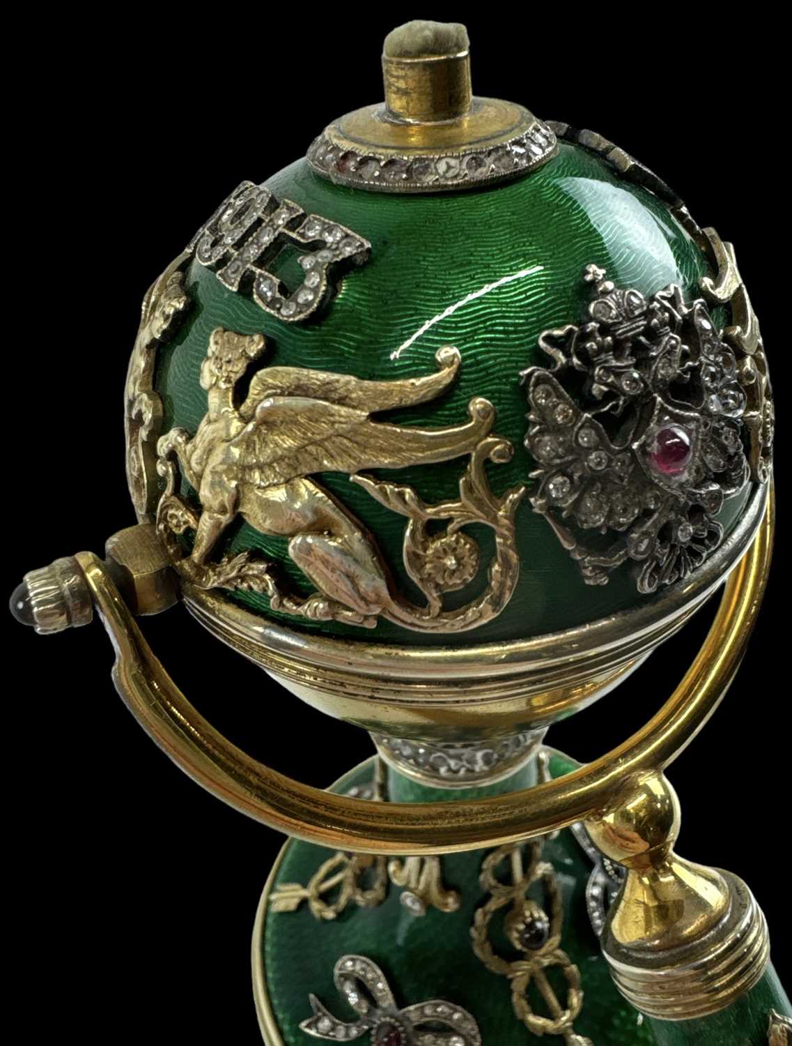 A Russian silver gilt green enamel and jewelled table lighter made to commemorate the Romanov - Image 6 of 6