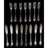 A set of eight French silver fish knives and forks (one fork missing), circa 1910, combined approx