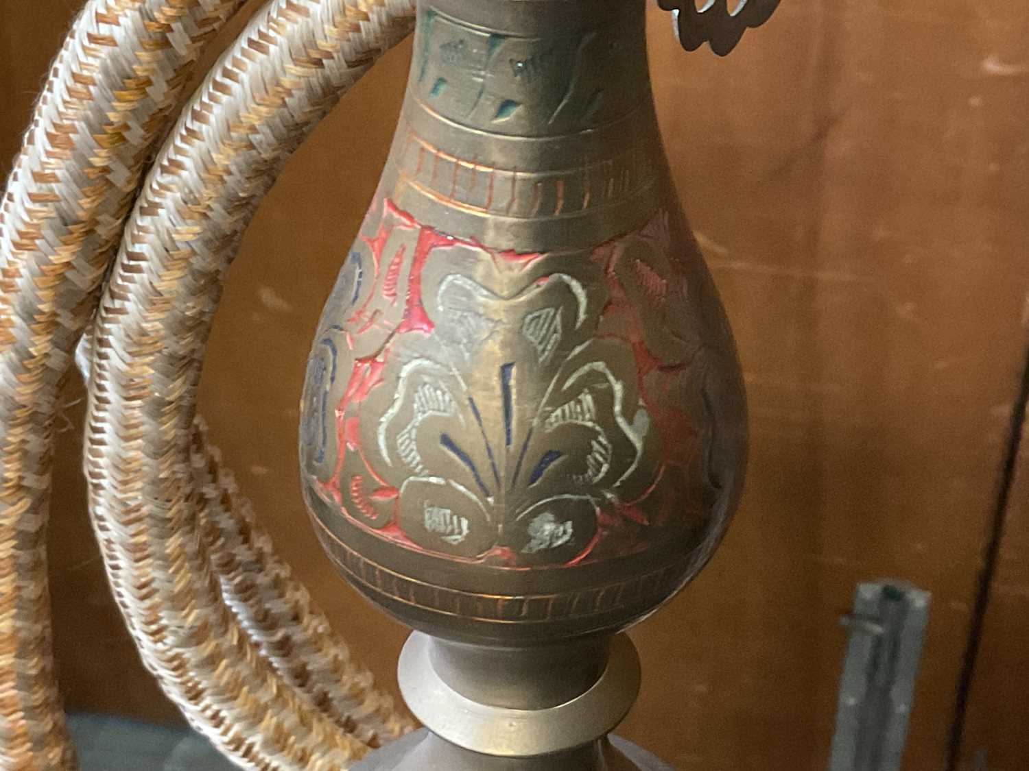 An Indian brass and inlaid hookah/shisha pipe, height 140cm. - Image 2 of 3