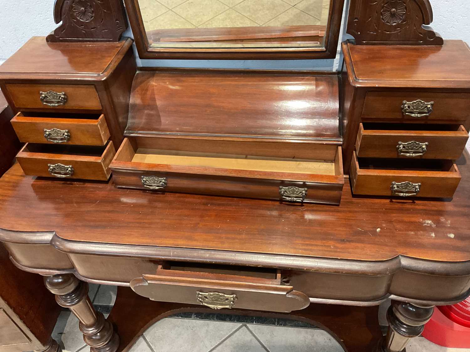 A 19th century mahogany Aesthetic Movement dressing table, width 120cm. - Image 2 of 2