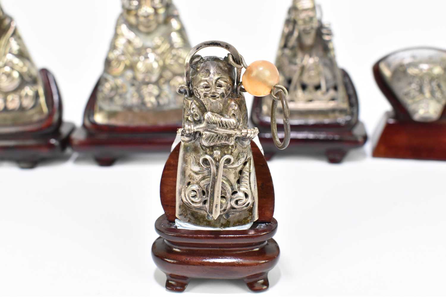 Three pairs of Mongolian white metal hat finials, each now mounted on a modern wooden stand for - Image 4 of 4