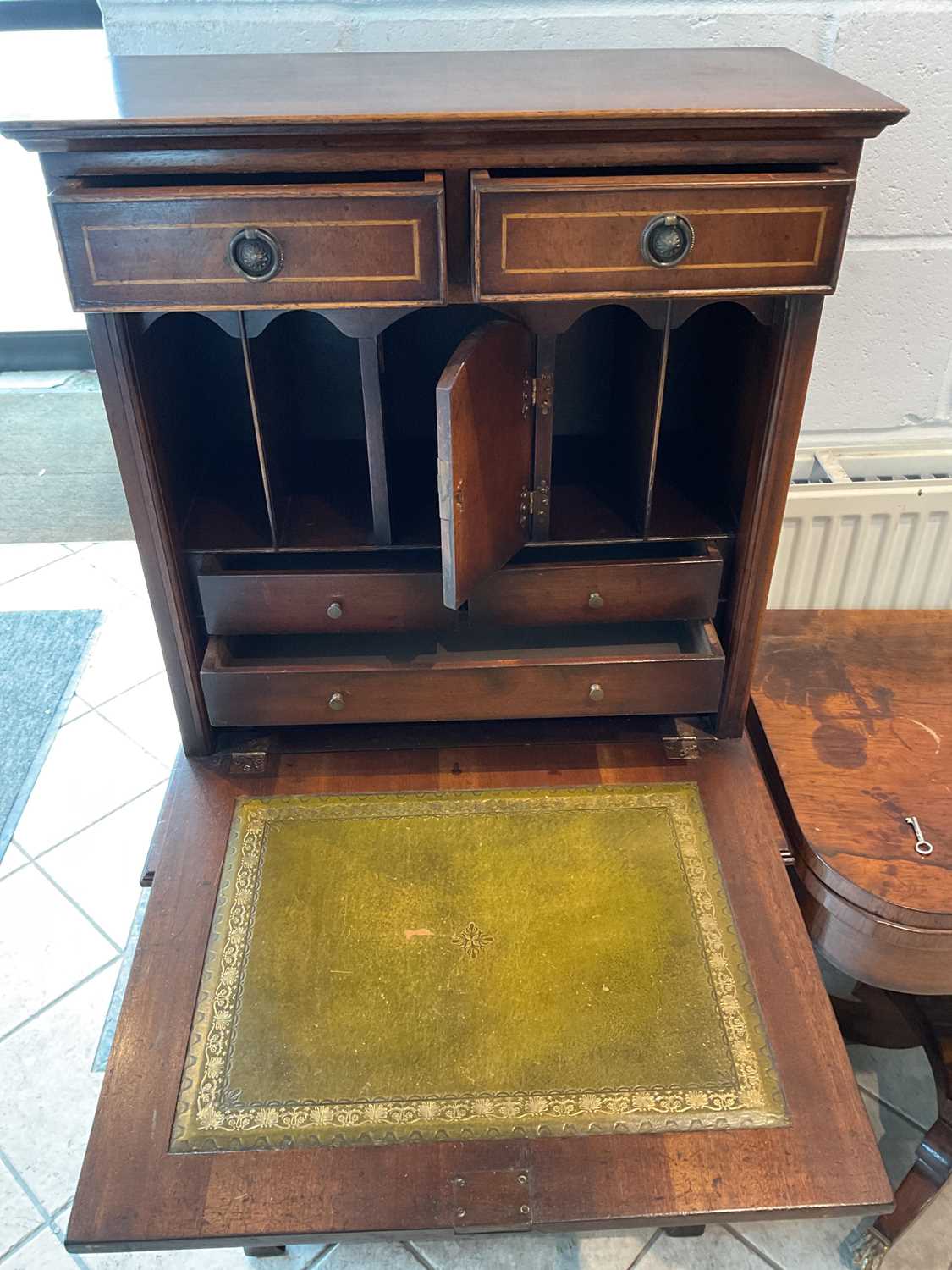 A reproduction mahogany and inlaid fall front bureau with two drawers above fall front over four - Image 2 of 4