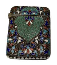 A Russian cloisonné enamel yellow metal vesta case with hinged lid, 4 x 3.5cm, approx 1.2ozt/37.8g.