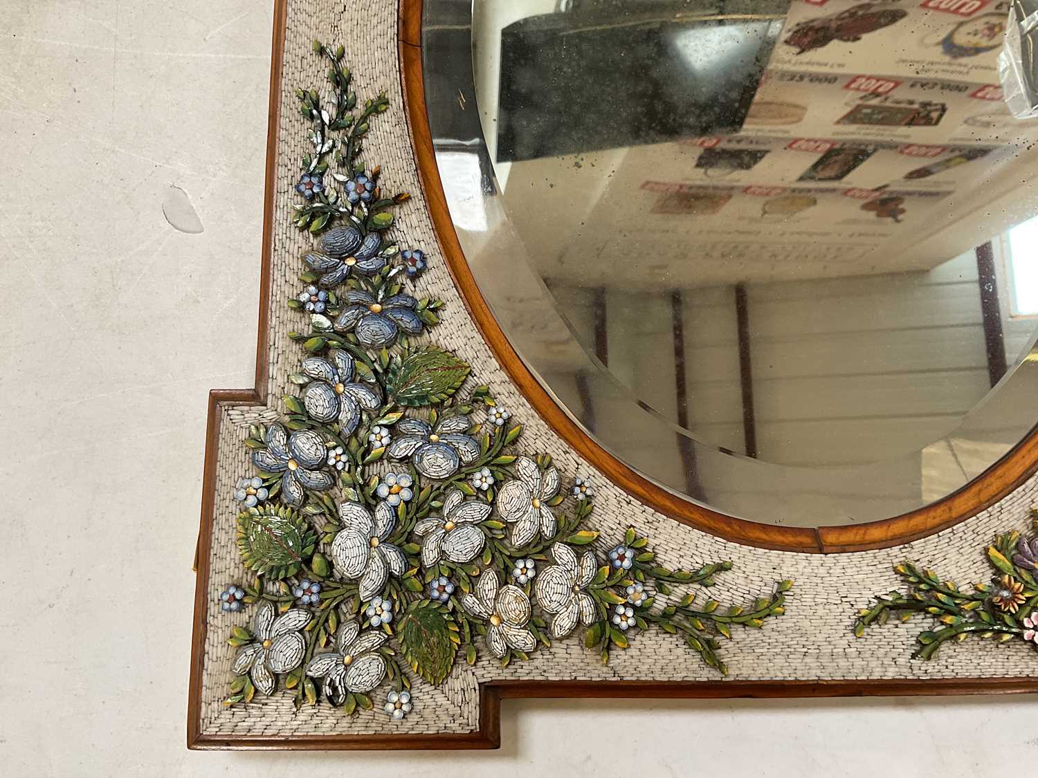 A micromosaic floral decorated bevelled glass wall mirror, 59 x 48cm. - Image 2 of 4