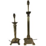 A brass Corinthian column table lamp, height to top of fitment 58cm, and a smaller brass table lamp,