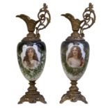 A pair of 19th century opaque glass hand painted gilt mounted ewers, the glass painted with