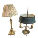 A brass extendable table lamp, height to top of fitment 31cm, and a brass two branch table lamp,