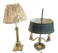 A brass extendable table lamp, height to top of fitment 31cm, and a brass two branch table lamp,