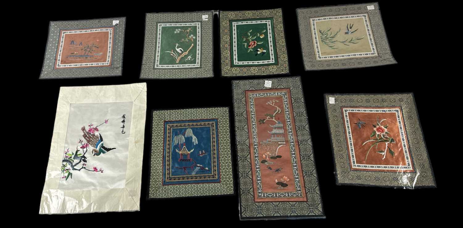 A group of twelve Chinese silk embroideries, the largest 62 x 34cm. - Image 2 of 2