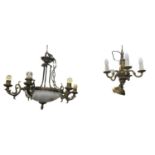 A brass framed glass domed six branch ceiling light, height 50cm, and a small brass effect five