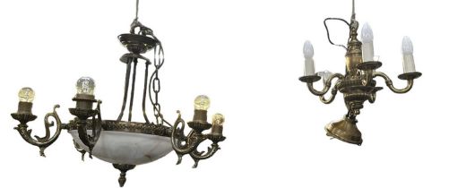 A brass framed glass domed six branch ceiling light, height 50cm, and a small brass effect five