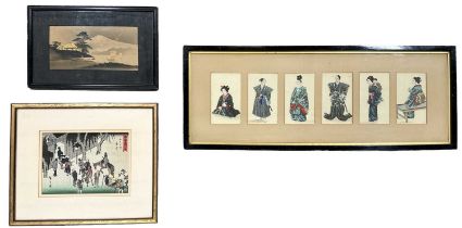 A framed group of six Japanese hand coloured woodblock prints of ladies, each measuring 13.5 x 18cm,