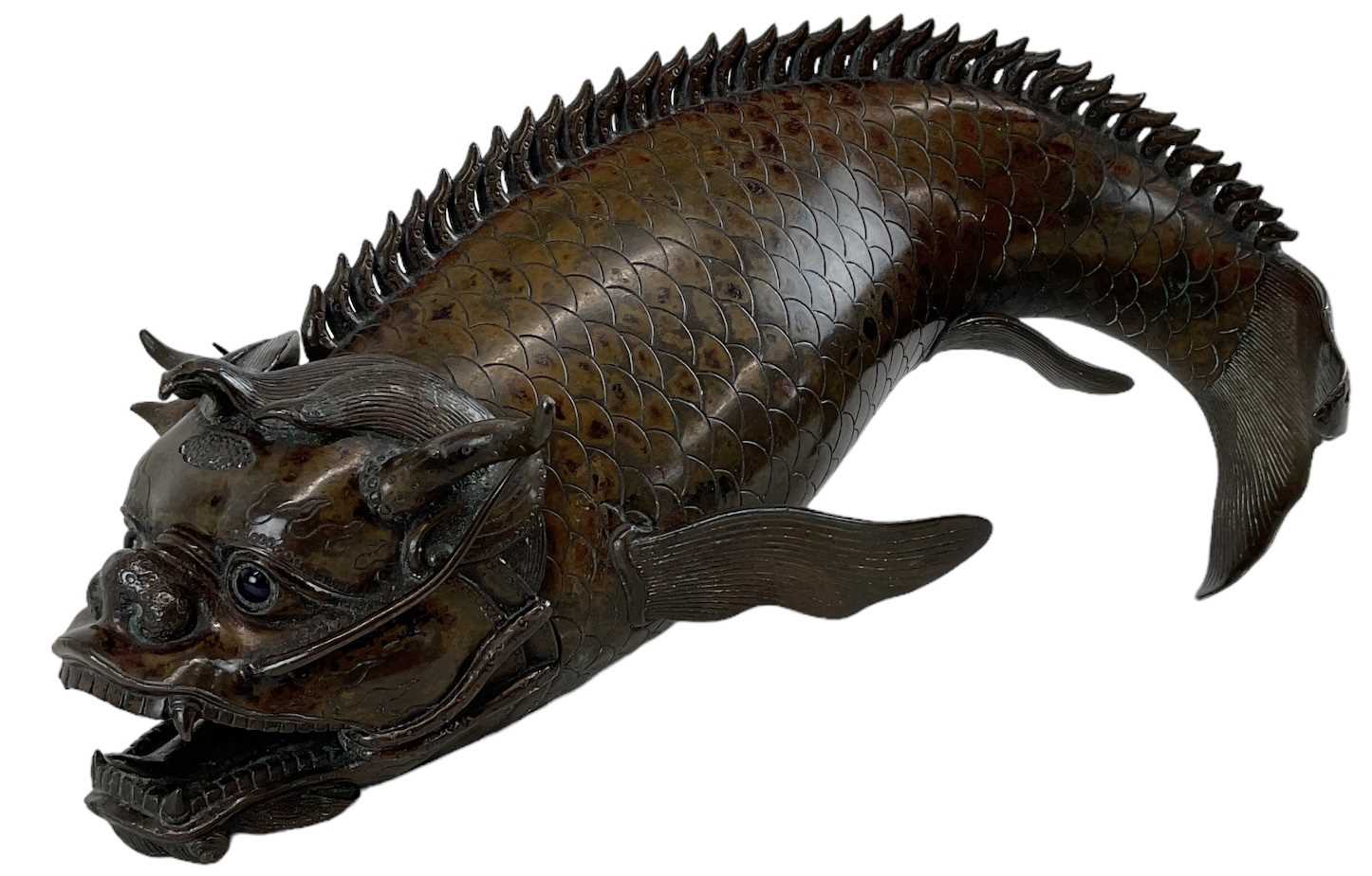 A late 18th/early 19th century Chinese bronze dragon carp censer, with removable lid, height 24cm.