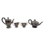 A silver plated four piece tea and coffee service comprising teapot, coffee pot, twin handled