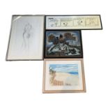 A group of four decorative prints and pictures including a watercolour, coastal scene, signed '