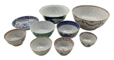 A group of nine Chinese Export bowls including floral decorated and blue and white examples,