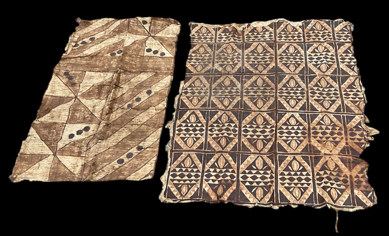 Two large Tapa cloths from Tonga, largest approx 120 x 140cm.