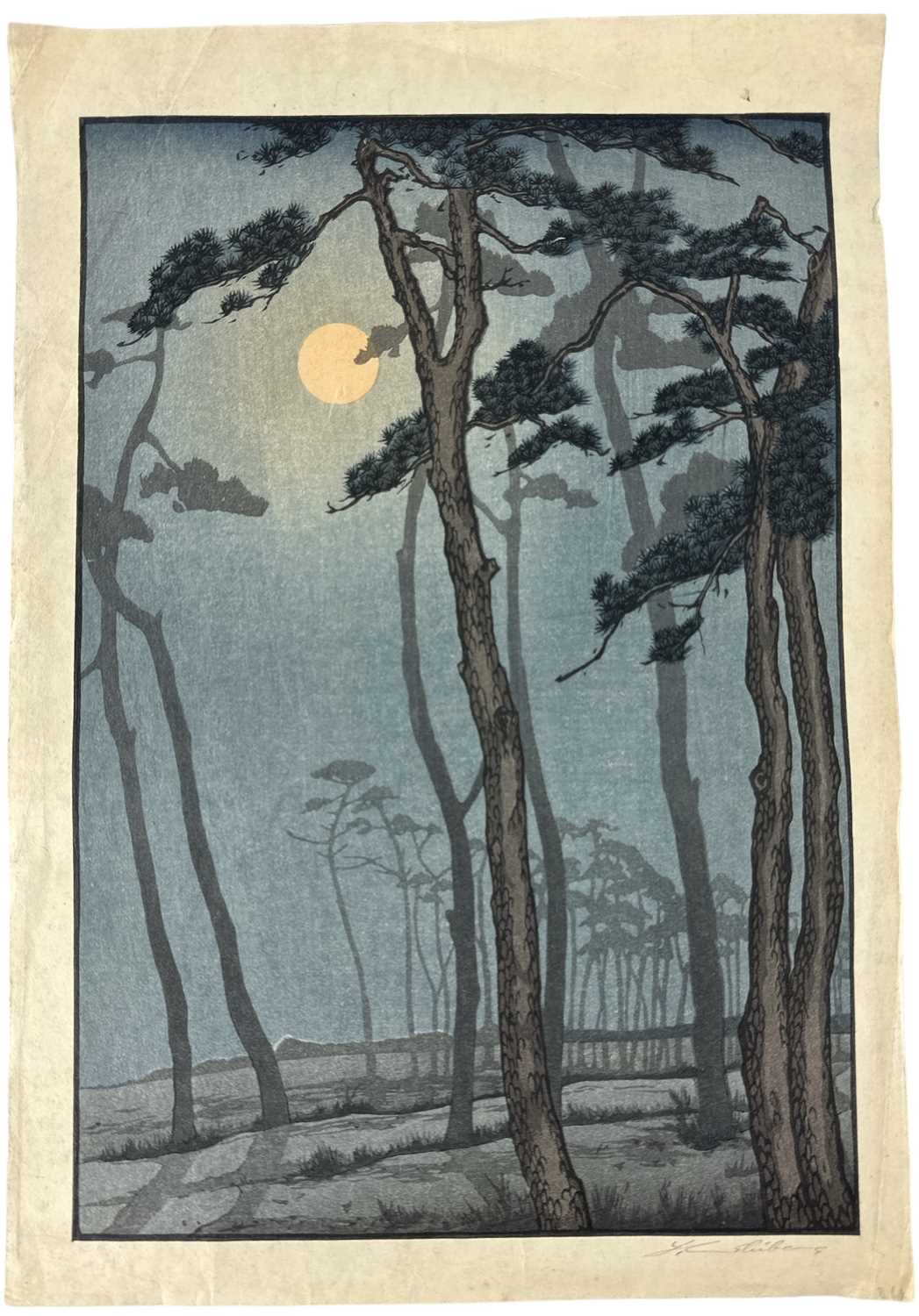 YOSHIJIRO URUSHIBARA (1888-1953); a Japanese woodcut print, 'Trees in Moonlight', after Frank