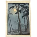 YOSHIJIRO URUSHIBARA (1888-1953); a Japanese woodcut print, 'Trees in Moonlight', after Frank