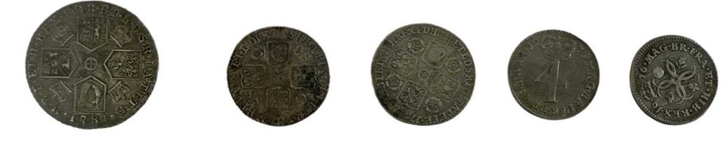A Charles II fourpence, a George II 1739 sixpence, a George III 1787 penny and two further George