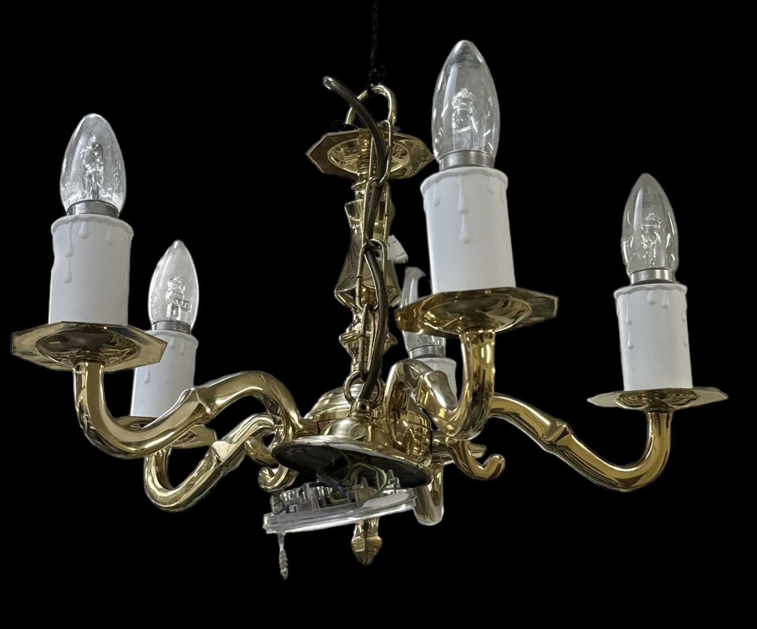 A set of three modern brass effect five branch ceiling lights, height approx 33cm, and another - Image 2 of 2