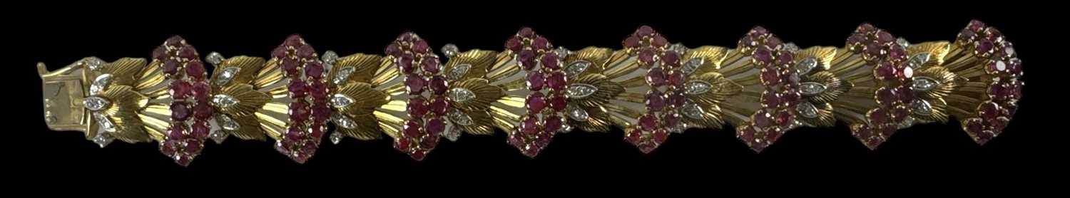 An 18ct yellow gold Art Deco style ruby and diamond set bracelet, length 18cm, approx 57.5g.