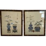 A pair of 19th century Chinese watercolours on silk, still life studies of vases and flowers,