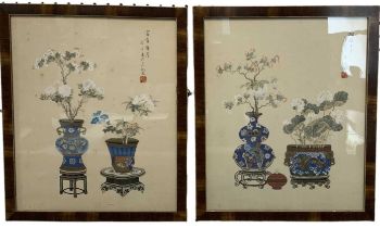 A pair of 19th century Chinese watercolours on silk, still life studies of vases and flowers,