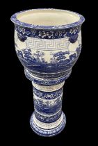 COPELAND SPODE; a 19th century blue and white jardinière on stand, diameter 40cm, height 91cm (