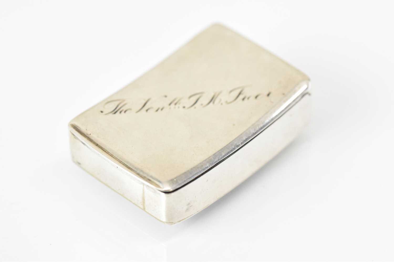 GEORGE UNITE; a Victorian hallmarked silver curved snuff box with engraved inscription and gilt - Image 2 of 3