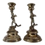 A pair of early 19th century Italian figural candlesticks with marks for Rome, height 15cm, combined
