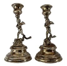 A pair of early 19th century Italian figural candlesticks with marks for Rome, height 15cm, combined