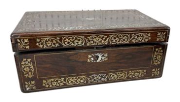 A 19th century rosewood and mother of pearl inlaid writing slope for restoration.