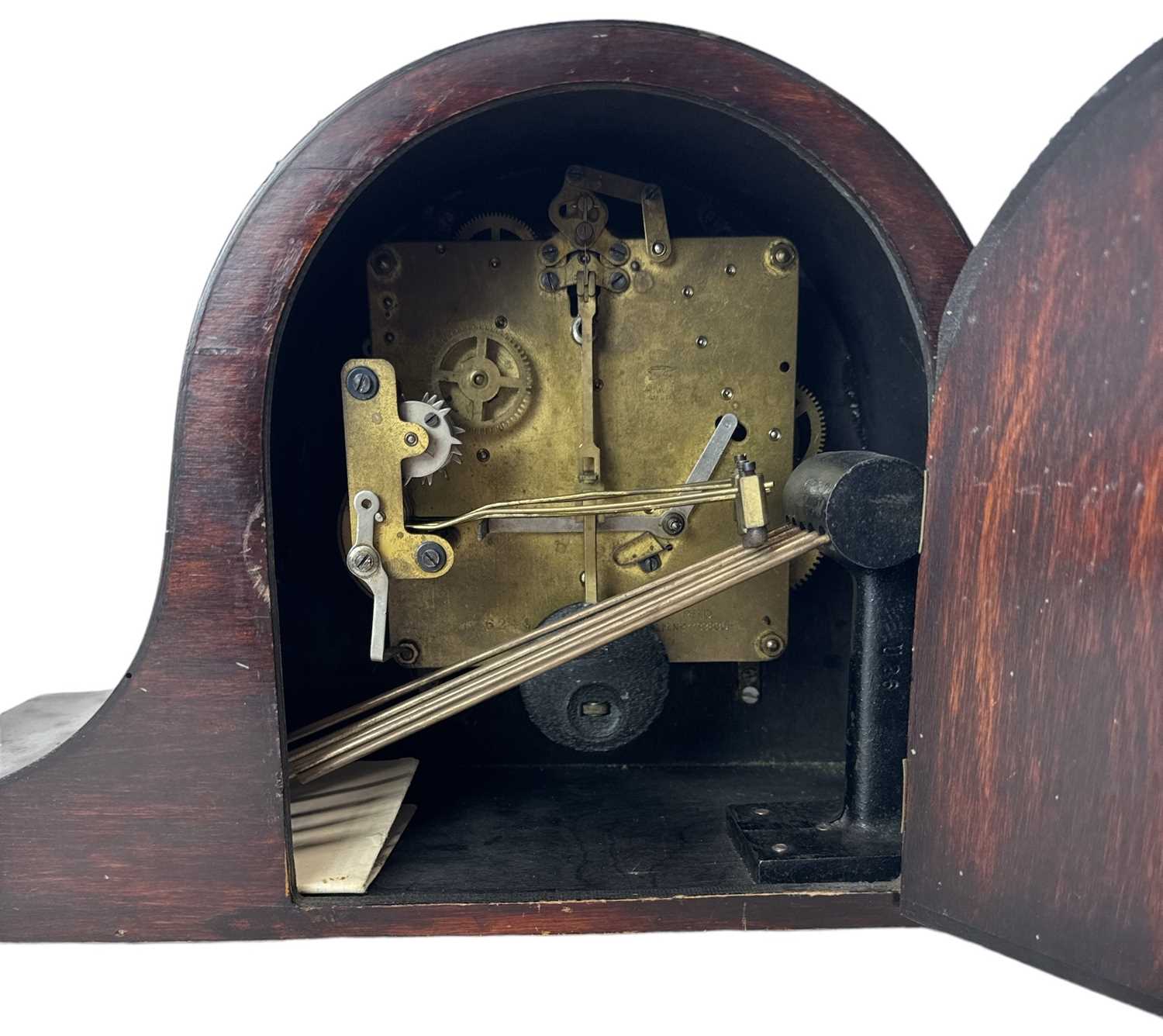 A 20th century mahogany cased mantel clock, the white enamel dial set with Roman numerals, and a - Image 2 of 2