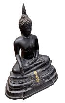 A 20th century bronze figure of Buddha, with inscriptions to plaques on the front and back, height